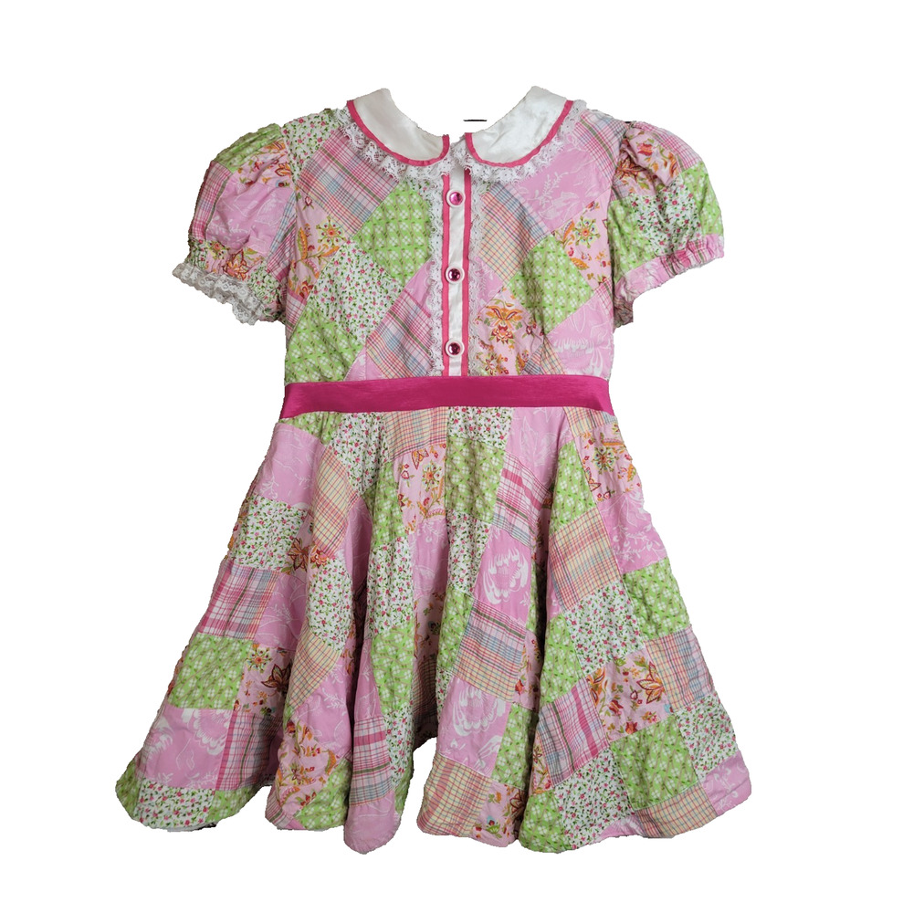 Vintage Square Dance Party Dress Patchwork Handmade Pink‎ Green Size 14p